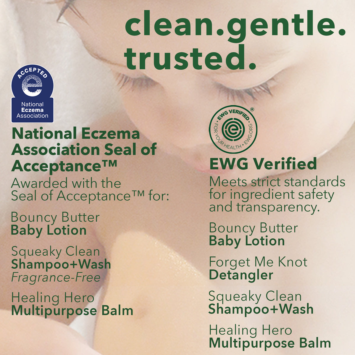 Clean. gentle. trusted.: baby beside a chart of the Earth To Skin Baby products with the National Eczema Association Seal of Acceptance and EWG VERIFIED® marks